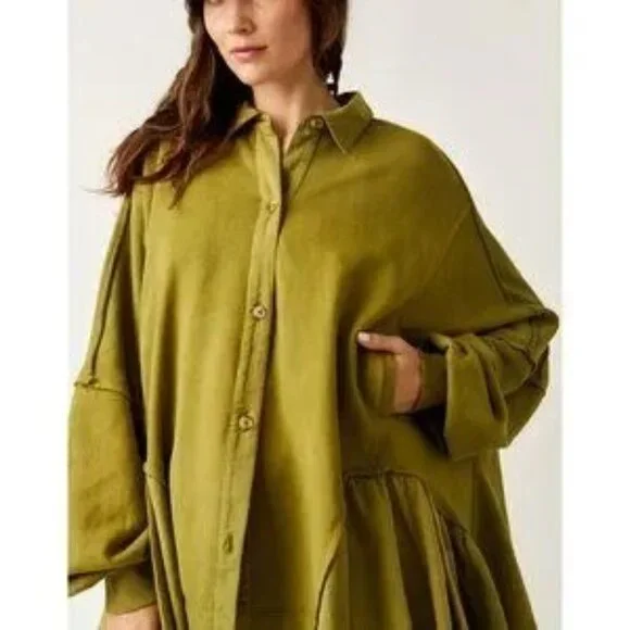 FREE PEOPLE Button Down Sweatshirt Size XS Army Green - Picture 2 of 7